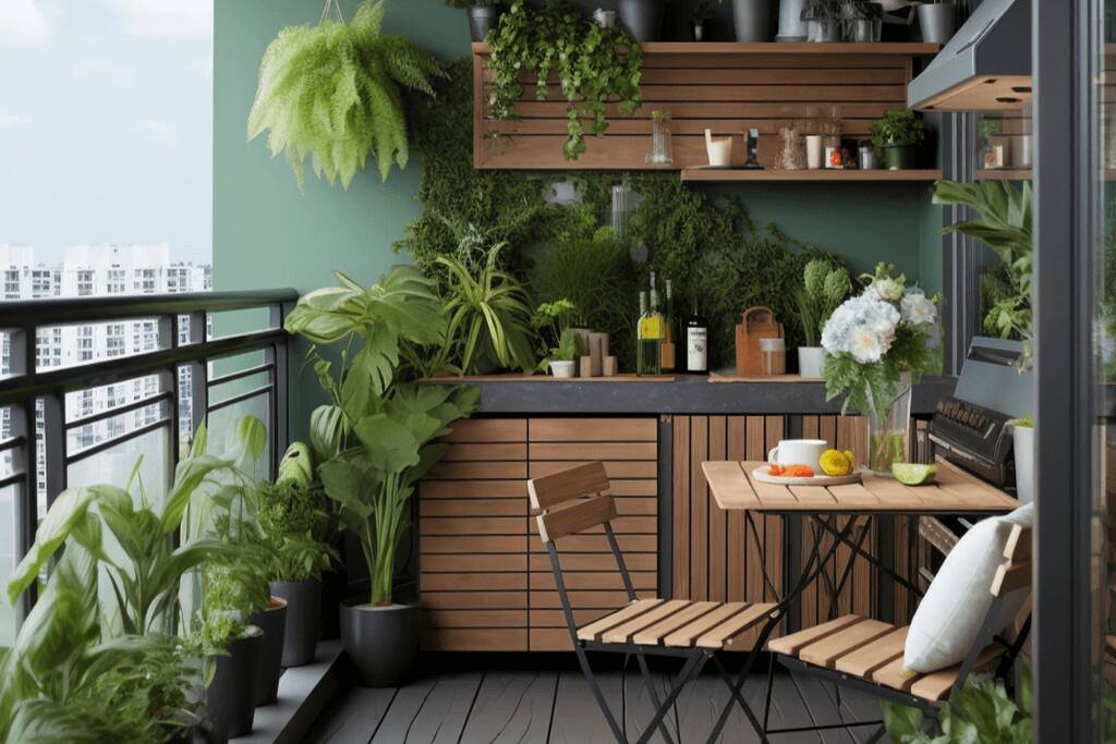 varanda gourmet de apartamento decorada com plantas e itens em madeira