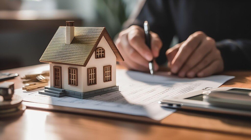 pessoa analisando como funciona o crédito imobiliário, anotando em papel ao lado de casa em miniatura