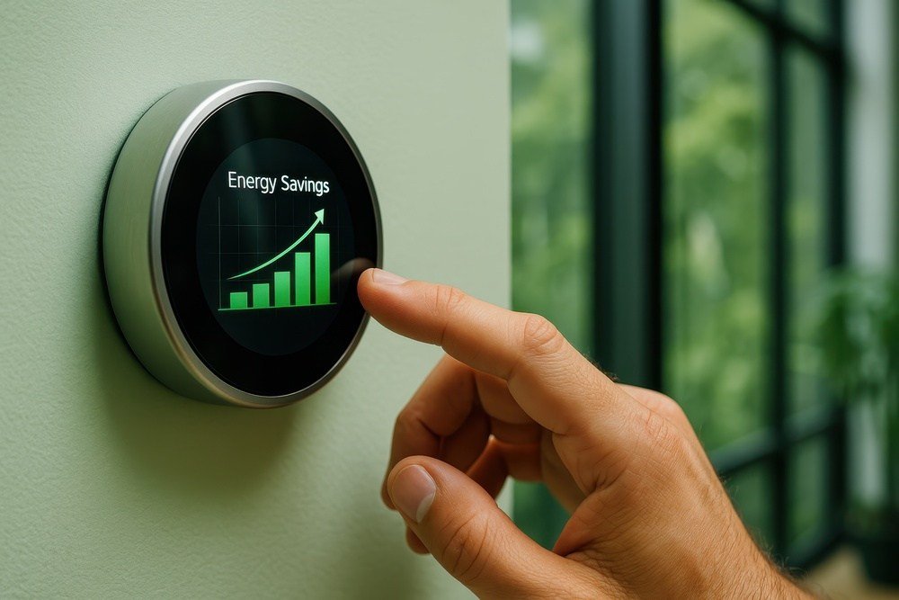 Pessoa ajustando um painel de controle digital que exibe a mensagem 'Energy Savings' e um gráfico de crescimento para otimização de energia.